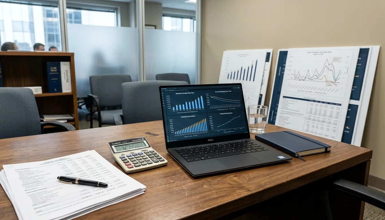 A forensic accountant's desk with financial statements, a calculator, and a laptop showing economic damages charts, with exhibit-style graphs in the background