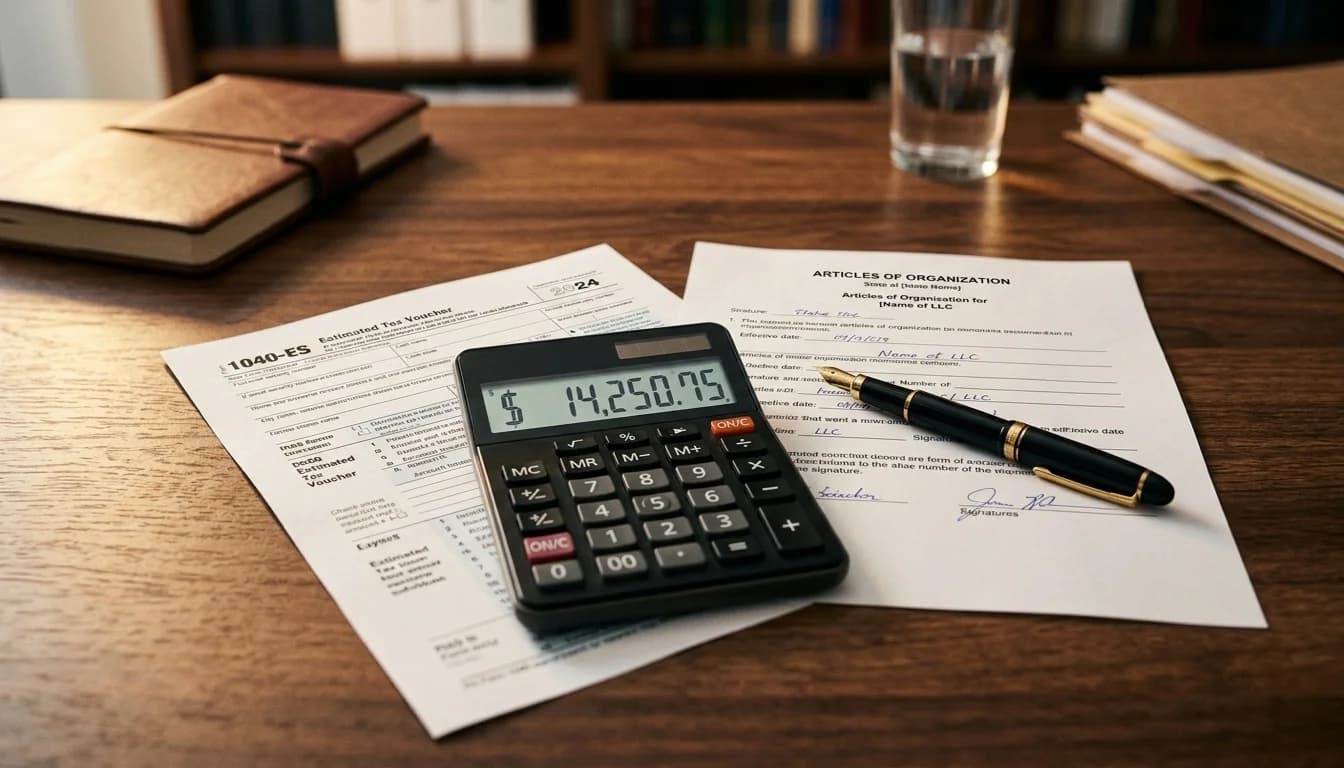 Tax forms, an LLC formation document, and a calculator on a wood desk