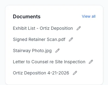 The Documents card on a case page listing five documents, each with a pencil icon for renaming