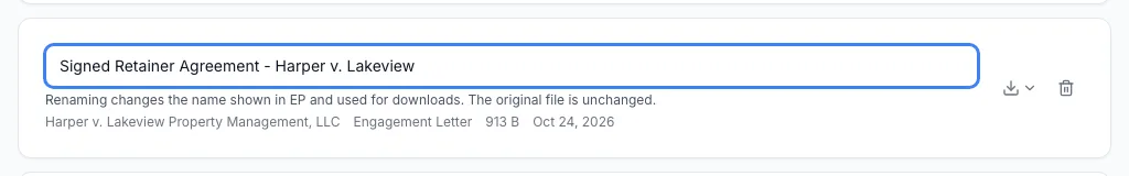 A document row on the Documents page with its name open for editing and the note: Renaming changes the name shown in ExpertPractice and used for downloads. The original file is unchanged.