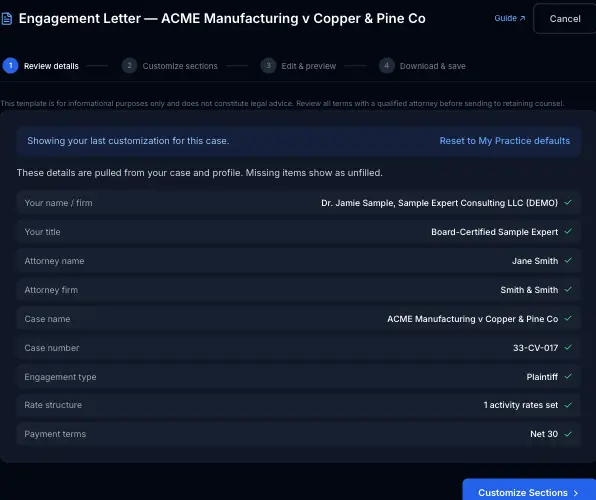 Engagement Letter step 1, Review details, showing auto-filled fields and a Reset to My Practice defaults banner