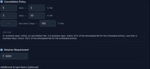 Cancellation Policy tiers with a live text preview, and the Retainer Requirement toggle with a dollar amount field