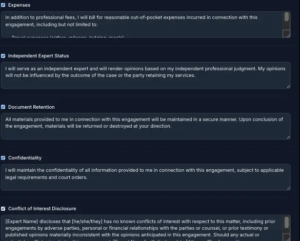 Engagement Letter Customize Sections step, showing toggleable sections with editable text for Expenses, Independent Expert Status, Document Retention, Confidentiality, and Conflict of Interest Disclosure