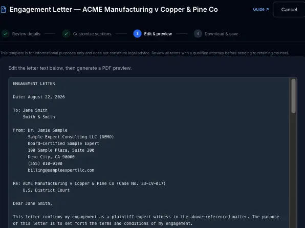 Engagement Letter Edit and Preview step, showing the full letter text in an editable box