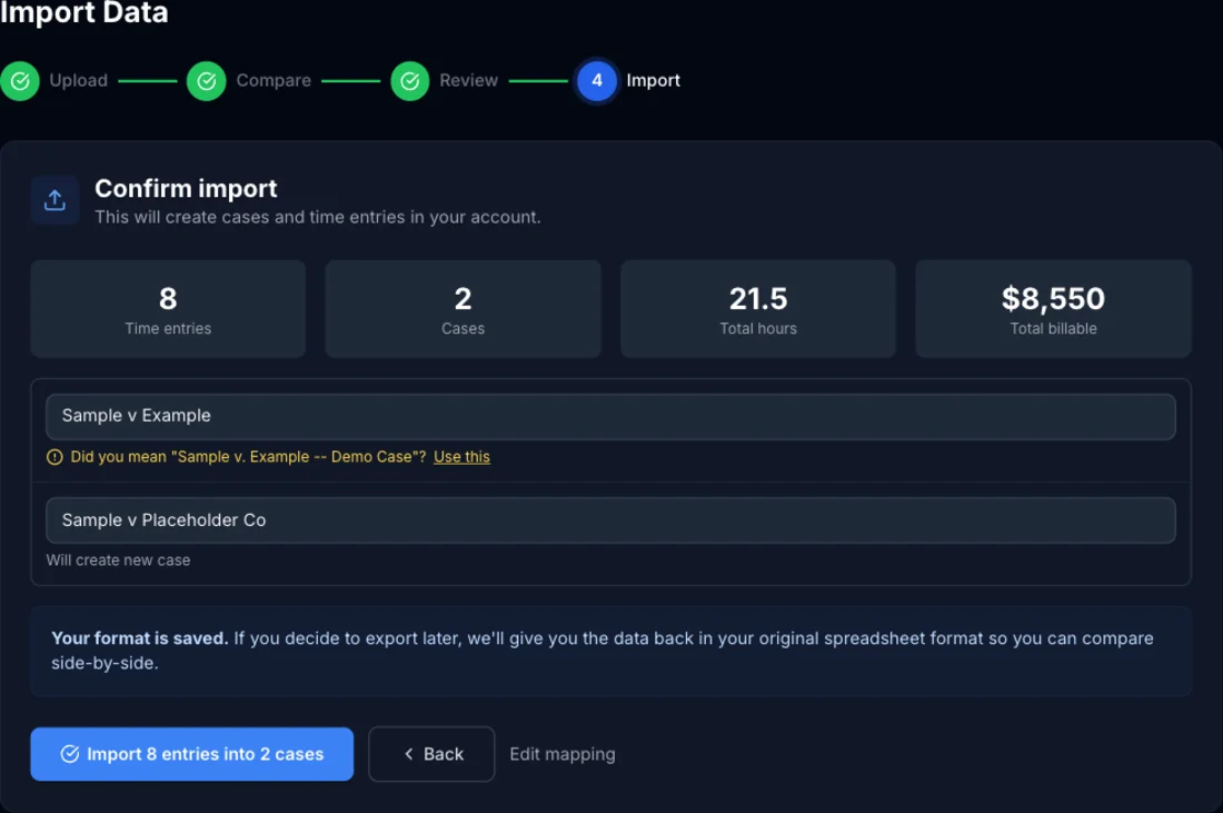 Confirm import step showing entry/case/hour/billable totals, a case name matched to an existing case with a Use this button, and a second case that will be created new