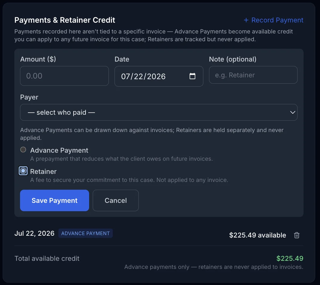 Record Payment form with the Advance Payment / Retainer choice visible