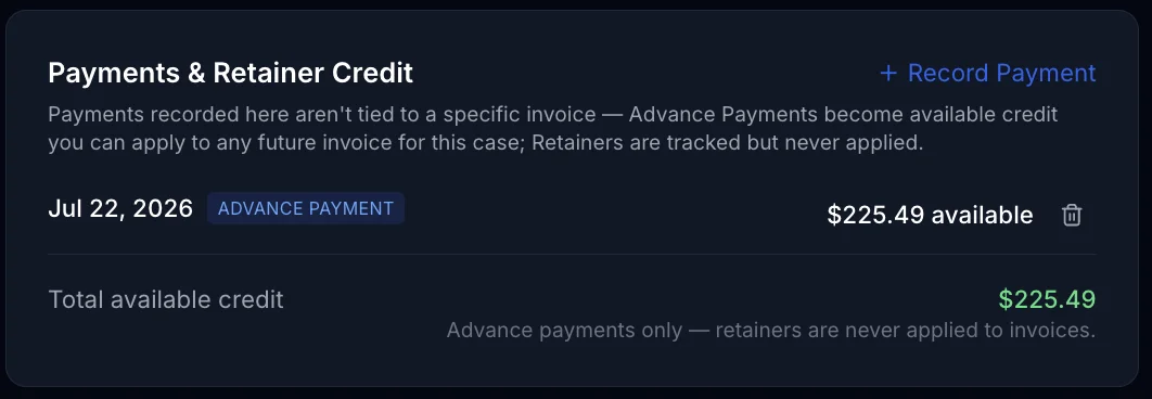 Payments & Retainer Credit panel on a case, showing an advance payment and total available credit