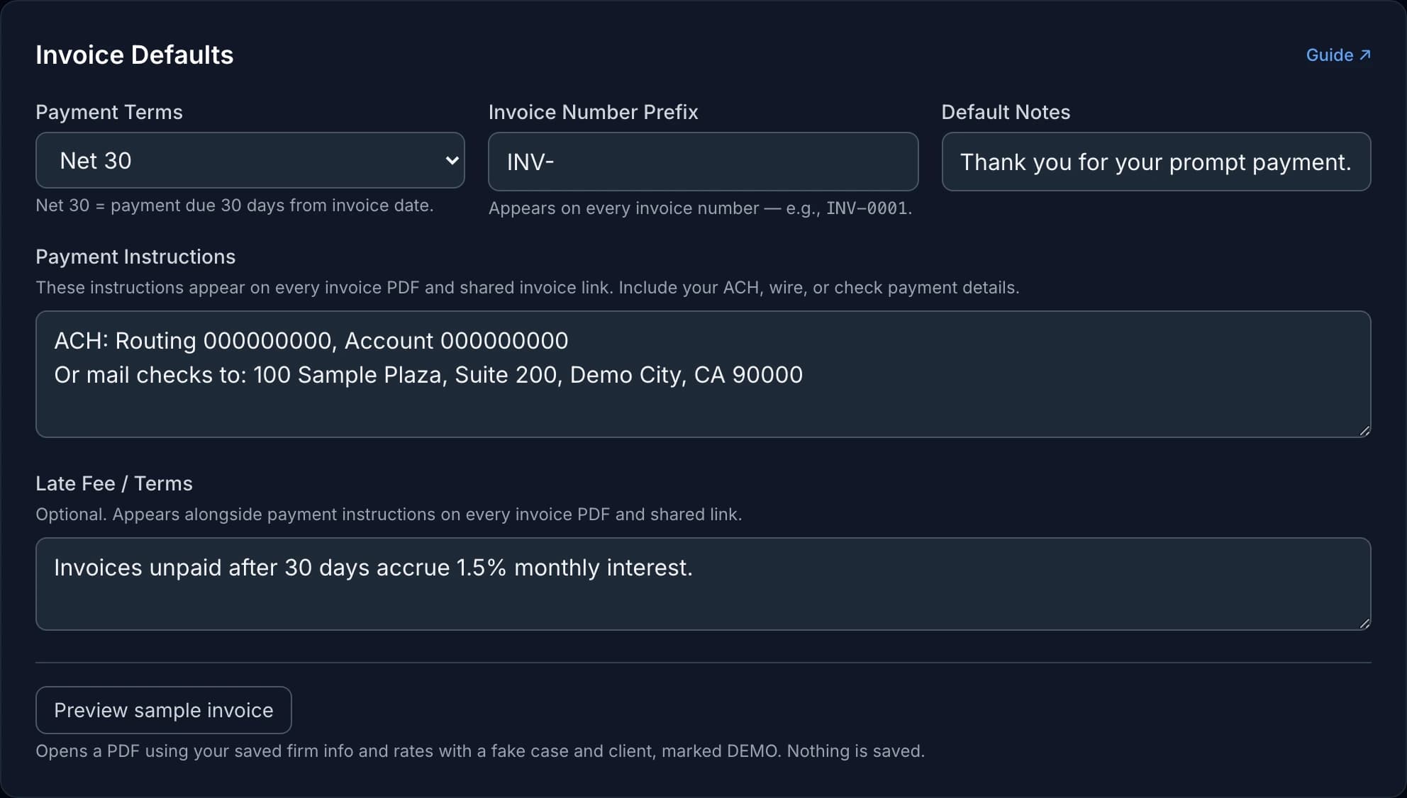 Invoice Defaults card with payment terms, invoice number prefix, default notes, payment instructions, late fee terms, and a preview sample invoice button
