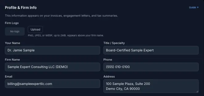 Profile & Firm Info card with firm logo upload, name, title, firm name, phone, email, and address fields