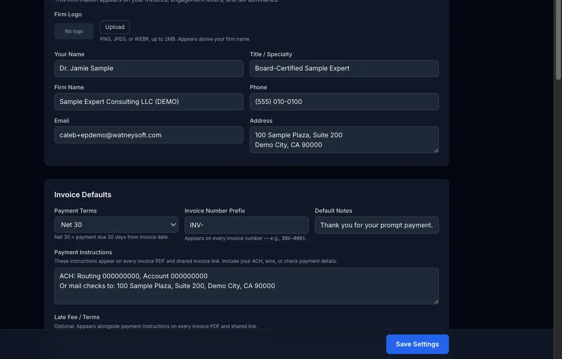 Profile & Firm Info card with name, title, firm name, phone, email, and address fields, and Invoice Defaults card below it with payment terms, invoice number prefix, and default notes