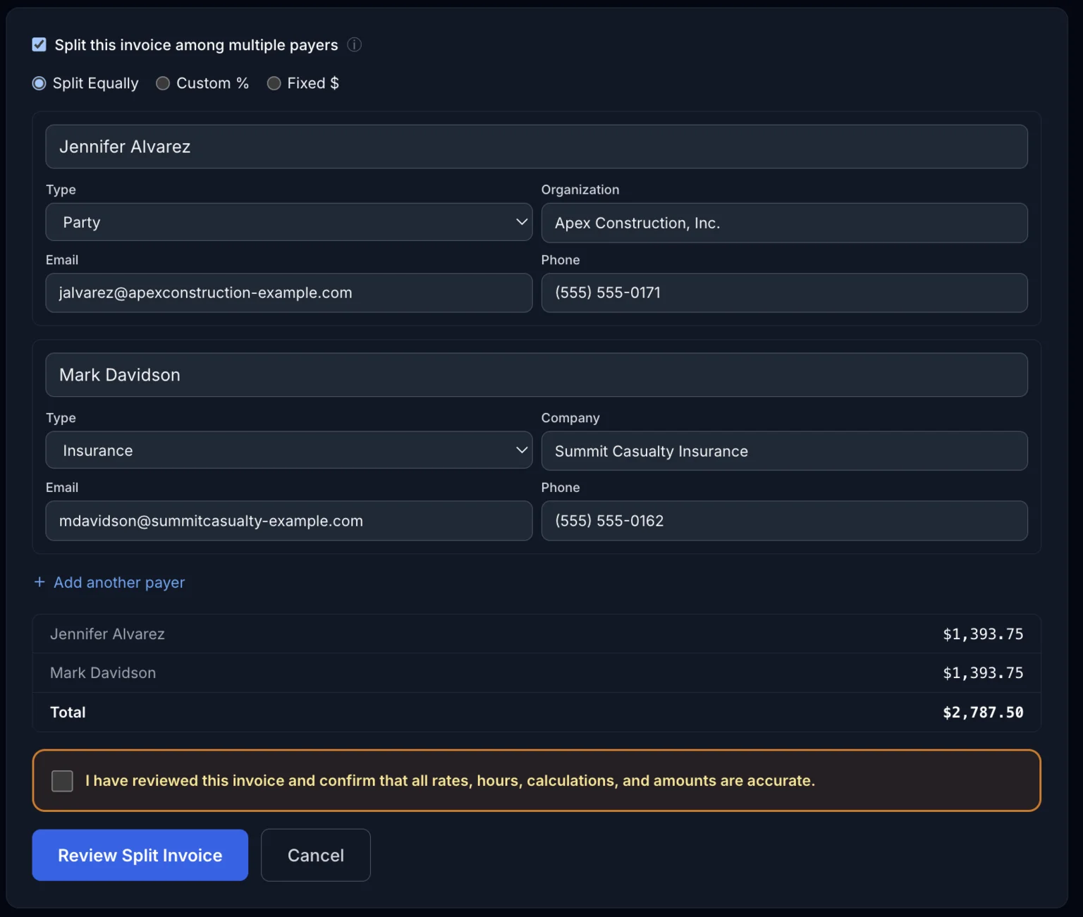 Split type selector (Split Equally, Custom %, Fixed $) with two payers filled in and their per-payer amounts