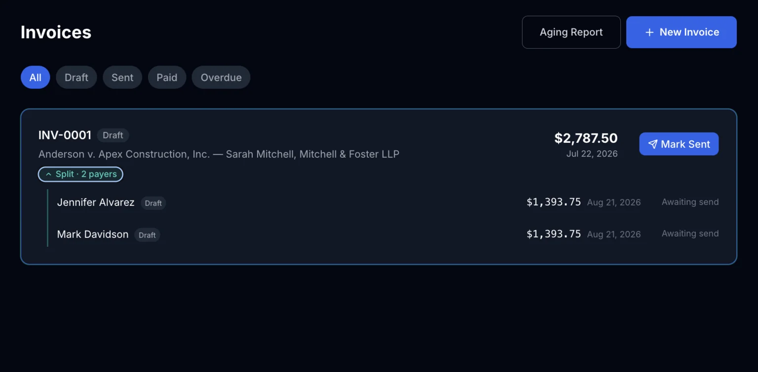 Expanded split showing each payer's amount and send status on the Invoices list
