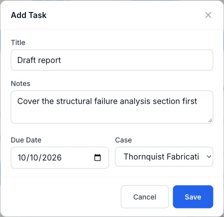 Add Task modal with fields for Title, Notes, Due Date, and Case