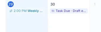 Calendar day cell showing a task due-date marker chip alongside a regular event
