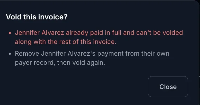 Blocked-void error: 'Jennifer Alvarez already paid in full and can't be voided along with the rest of this invoice,' with the fix
